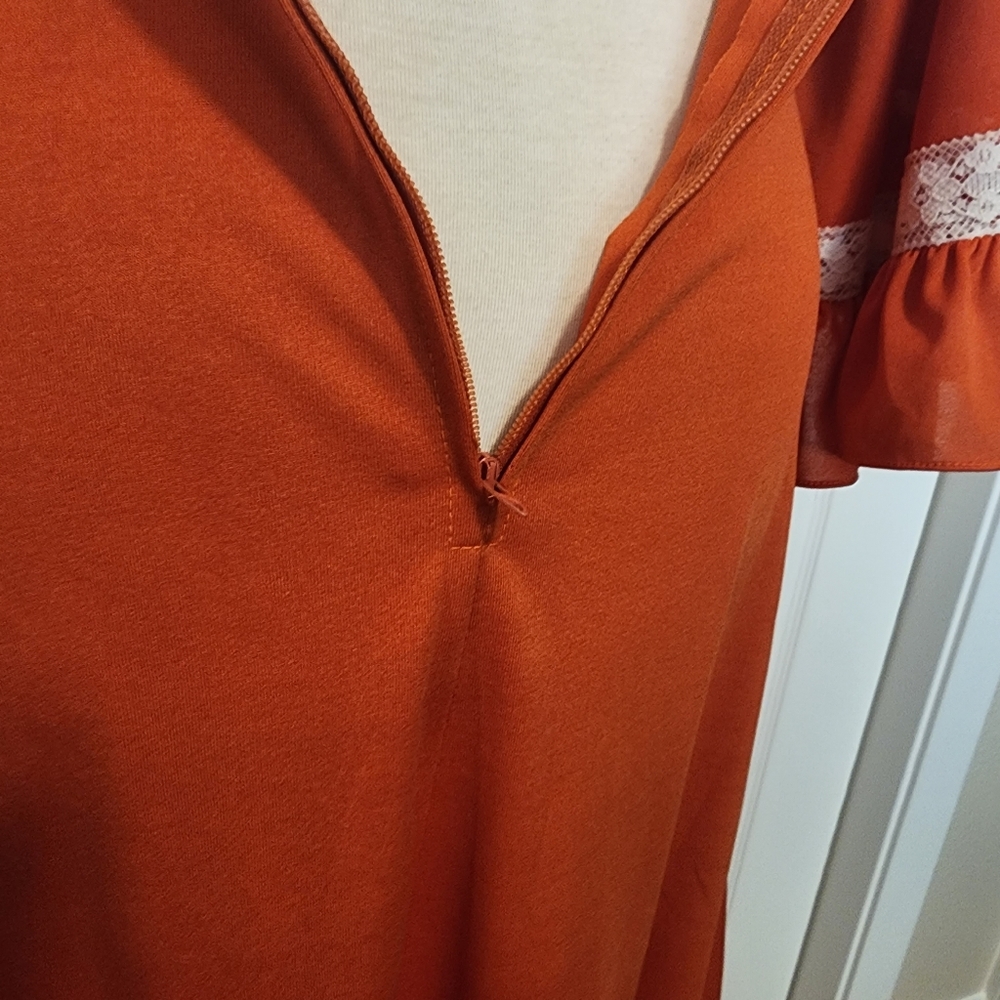 Vintage Rust & Cream Empire Wasit Prairie Lace Ruffle Bell Sleeved Dress - Picture 7 of 16